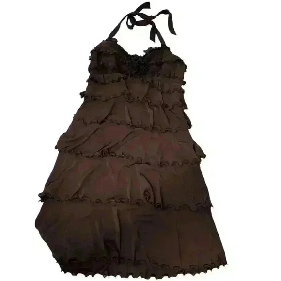 BCBGMaxAzeria Layered Ruffle Little Brown Halter Dress Open Back Size M - Picture 6 of 8